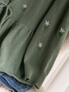 CosyJoli Plus Size Women Floral Embroidered Front Tie Long Sleeve Knit Cardigan Winter - Green - View 7