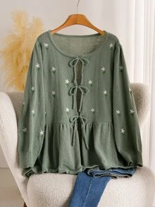 CosyJoli Plus Size Women Floral Embroidered Front Tie Long Sleeve Knit Cardigan Winter - Green - View 5
