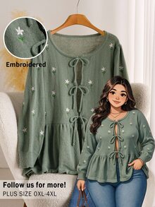 CosyJoli Plus Size Women Floral Embroidered Front Tie Long Sleeve Knit Cardigan Winter - Green - View 2
