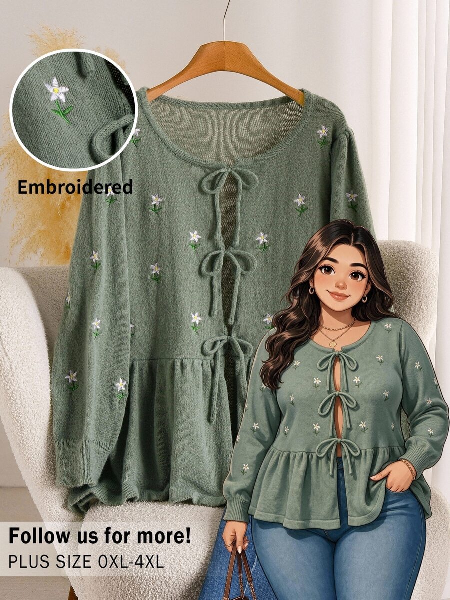 CosyJoli Plus Size Women Floral Embroidered Front Tie Long Sleeve Knit Cardigan Winter