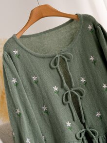 CosyJoli Plus Size Women Floral Embroidered Front Tie Long Sleeve Knit Cardigan Winter - Green - View 6