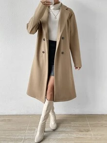 SHEIN x Carly Lawrence Abrigo de cuello con solapa de doble botonadura - Caqui - Ver 5