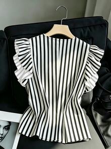 SHEIN Franclia 日常休閒百搭荷葉邊飛袖春夏季白色女裝襯衫女款V領套頭上衣白色女裝上衣女款圓點襯衫女款圓點上衣女款夏季襯衫女款短袖襯衫女款印花上衣女款背心上衣夏季女裝夏季穿著度假女裝 - 黑與白 - 查看 2