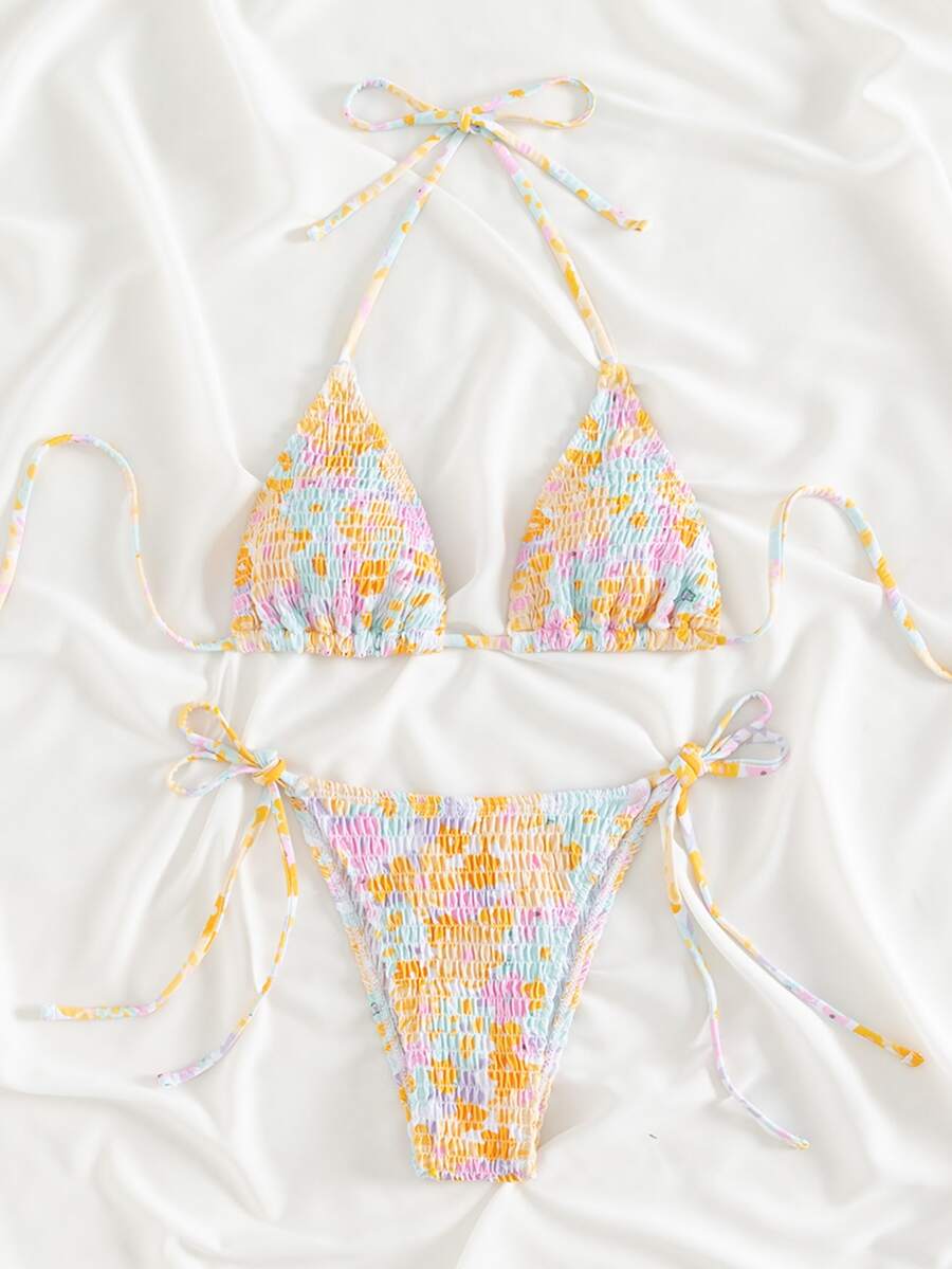 SHEIN Swim Summer Beach Random Floral Print Bikini Set Smocked Halter Triangle Bra Top & Tie Side Bikini Bottom 2 Pieces Bikini - Multicolor - View 1