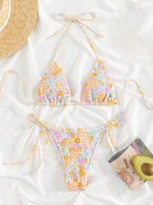 SHEIN Swim Summer Beach Random Floral Print Bikini Set Smocked Halter Triangle Bra Top & Tie Side Bikini Bottom 2 Pieces Bikini - Multicolor - View 6