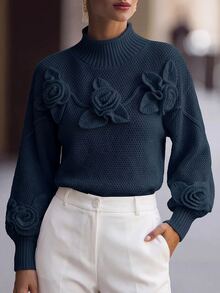 RosyDaze Floral Applique Solid Color High Neck Elegant Long Sleeve Pullover Sweater Knit Pullover Fall Winter - Navy Blue - View 1