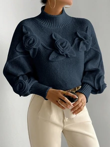 RosyDaze Floral Applique Solid Color High Neck Elegant Long Sleeve Pullover Sweater Knit Pullover Fall Winter - Navy Blue - View 4