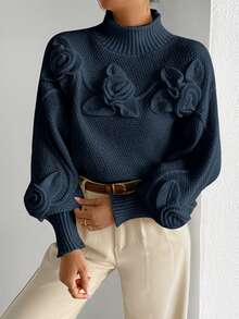 RosyDaze Floral Applique Solid Color High Neck Elegant Long Sleeve Pullover Sweater Knit Pullover Fall Winter - Navy Blue - View 3