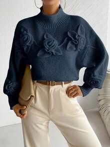 RosyDaze Floral Applique Solid Color High Neck Elegant Long Sleeve Pullover Sweater Knit Pullover Fall Winter - Navy Blue - View 5