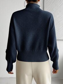 RosyDaze Floral Applique Solid Color High Neck Elegant Long Sleeve Pullover Sweater Knit Pullover Fall Winter - Navy Blue - View 2