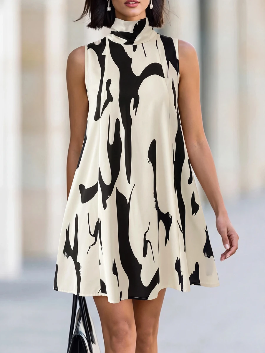 RosyDaze Women's Sleeveless Print High Neck Tie Waist Dress - Multicolor - View 1