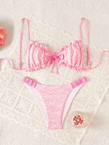 SHEIN Swim 女士泳装套装，海岛海滩度假比基尼，可调节肩带，色彩缤纷时尚休闲两件套泳衣 - 彩色 - 查看 2