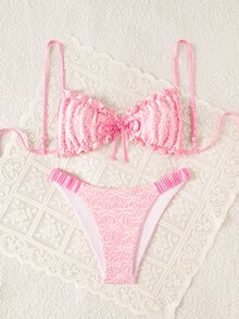 SHEIN Swim 女士泳装套装，海岛海滩度假比基尼，可调节肩带，色彩缤纷时尚休闲两件套泳衣 - 彩色 - 查看 3