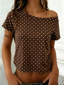 Rovax Fitted Short Shoulder Polka Dot Print Short Sleeve T-Shirt - Brown - View 4