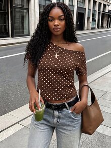 Rovax Fitted Short Shoulder Polka Dot Print Short Sleeve T-Shirt - Brown - View 1
