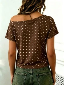 Rovax Fitted Short Shoulder Polka Dot Print Short Sleeve T-Shirt - Brown - View 2