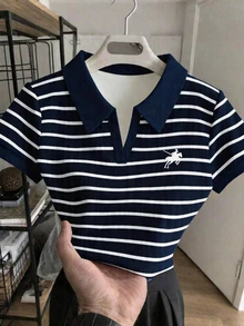 Rovax Women's Short Polo Shirt With Striped Horse Riding Print, Contrast Color Collar - Multicolor - View 4