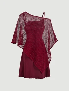 SHEIN MOD طقم نسائي كاجوال من قطعتين: فستان بلون سادة بحمالات رفيعة وتوب بكتف غير متماثل - عنابي اللون - مشاهدة 6