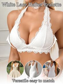Crystal Vow Sexy Lace Halter Neck Bra For Women - White - View 2