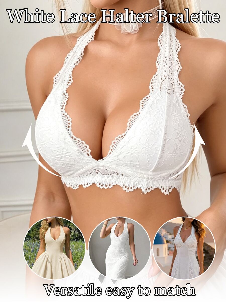 Crystal Vow Bra Halter Neck Renda Seksi untuk Wanita - Putih - View 1