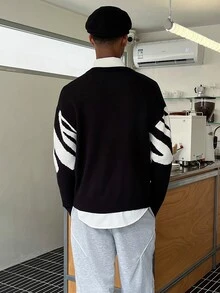 STEELVANCE 男士拼色圓領長袖休閒百搭針織衫 - 黑色 - 查看 7
