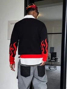 STEELVANCE 男士字母火焰圖案落肩長袖休閒街頭風針織衫 外出穿搭 黑紅配色 秋季萬聖節 - 黑色 - 查看 4