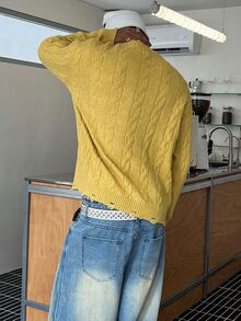 STEELVANCE Men's Cable Knit Crew Neck Long Sleeve Casual Versatile Sweater - Yellow - View 4