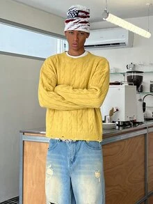STEELVANCE Men's Cable Knit Crew Neck Long Sleeve Casual Versatile Sweater - Yellow - View 2