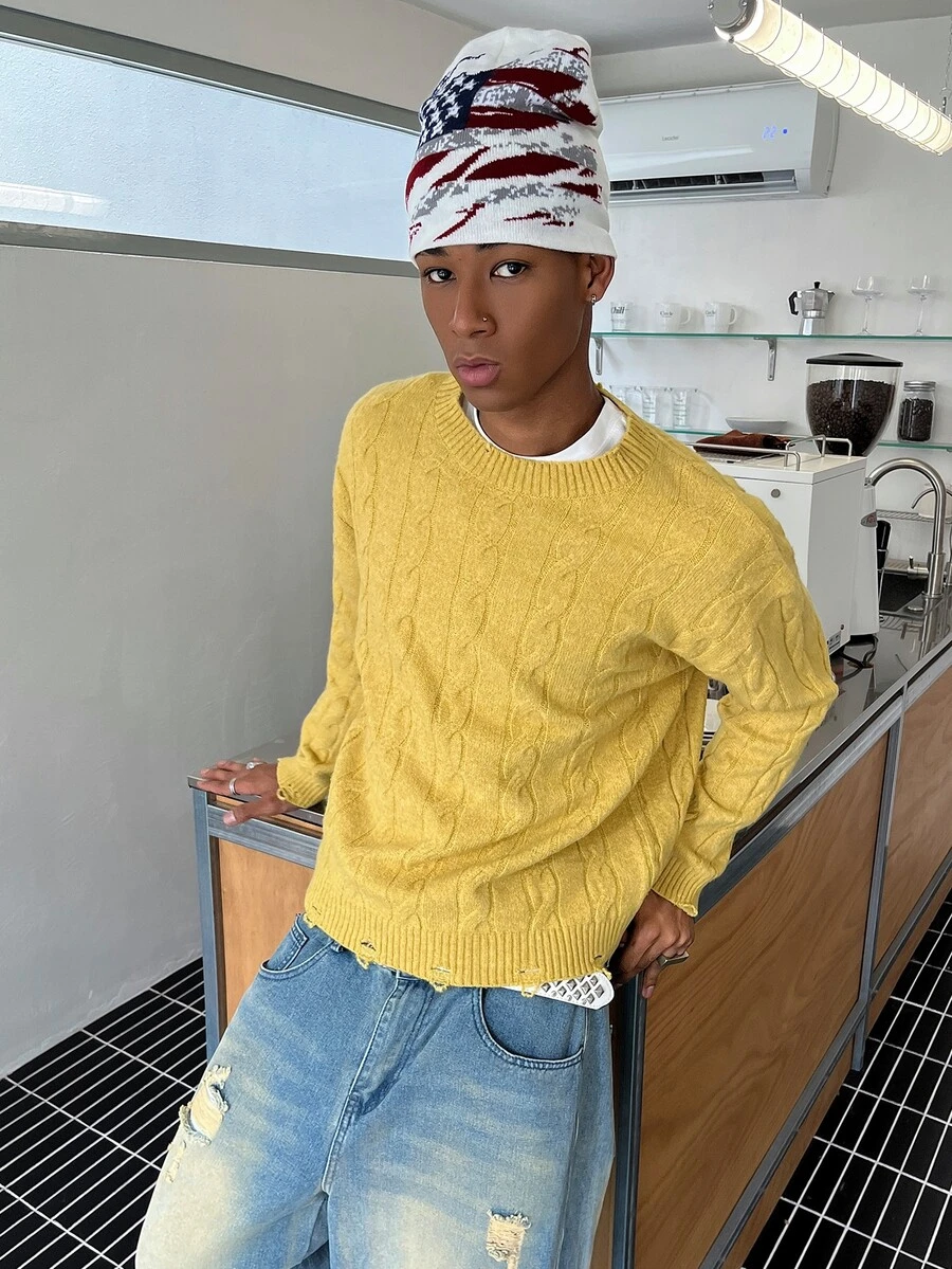 STEELVANCE Men's Cable Knit Crew Neck Long Sleeve Casual Versatile Sweater - Yellow - View 1