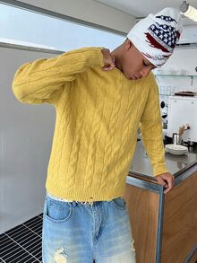 STEELVANCE Men's Cable Knit Crew Neck Long Sleeve Casual Versatile Sweater - Yellow - View 3