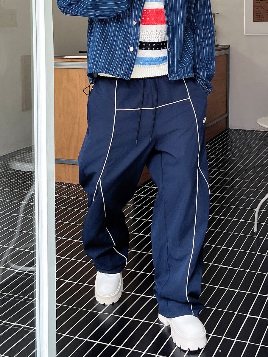 STEELVANCE Men's Streetwear Solid Color Casual Pants, Drawstring Waist Loose Fit Sports Long Pants - Navy Blue - View 1