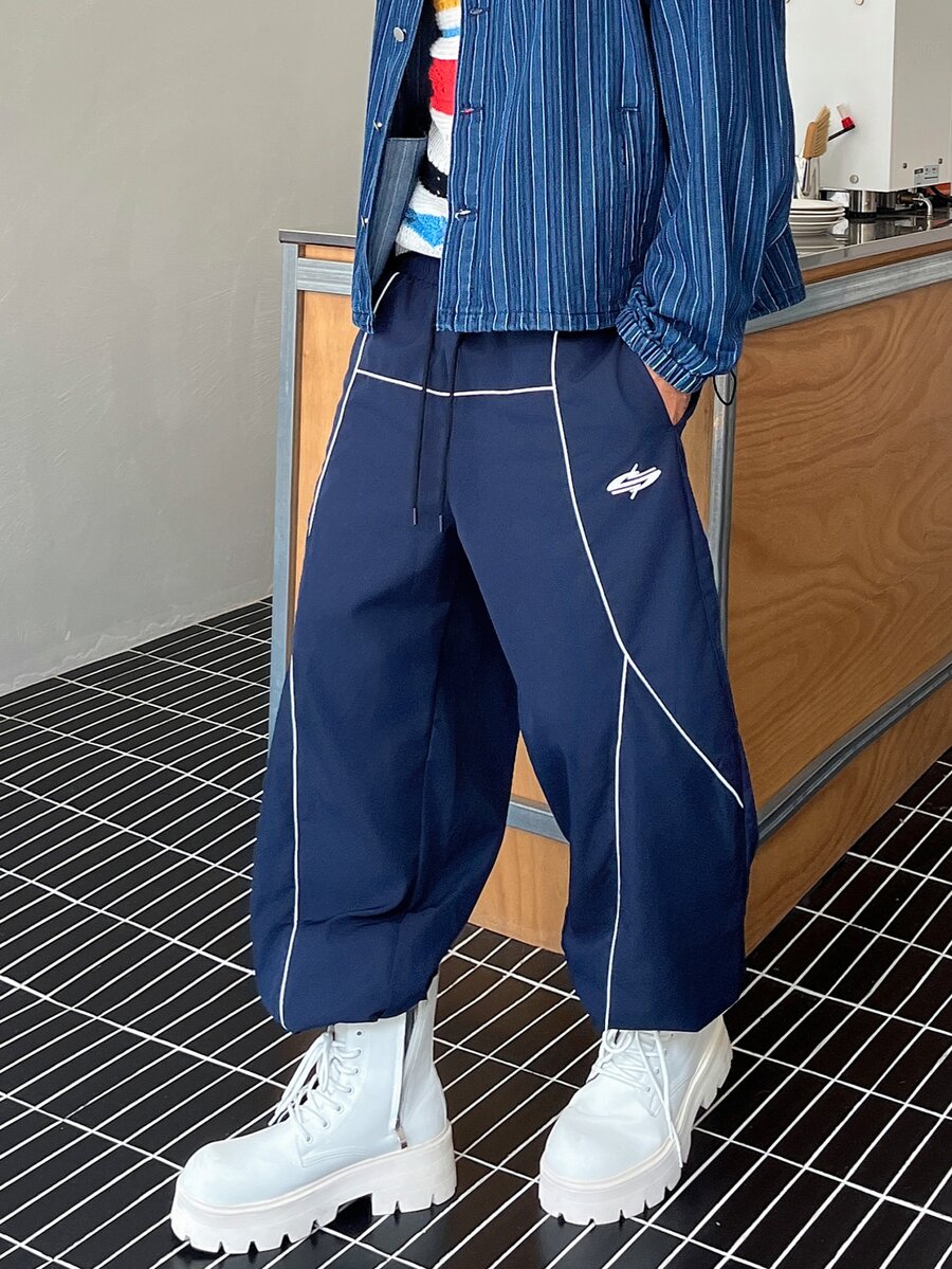 STEELVANCE 男士街頭風純色休閒長褲,抽繩腰鬆弛版型運動長褲 - 藏蓝色 - 查看 1