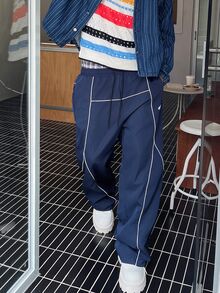 STEELVANCE 男士街頭風純色休閒長褲，抽繩腰鬆弛版型運動長褲 - 藏蓝色 - 查看 3