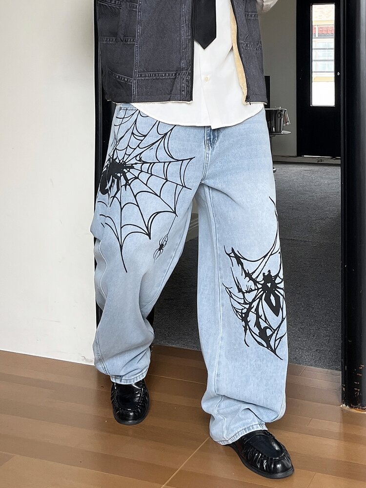 STEELVANCE Men's Fashion Spider Print Washed Denim Straight Leg Wide Leg Curved Hem Jeans - Light Wash - View 4