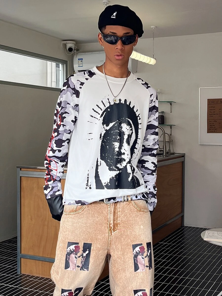 STEELVANCE Men's Camouflage Character Graphic Casual Daily Long Sleeve T-Shirt - Multicolor - View 1