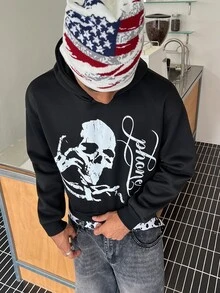 STEELVANCE 男士暗黑風骷髏圖案印花連帽衛衣 - 黑色 - 查看 1