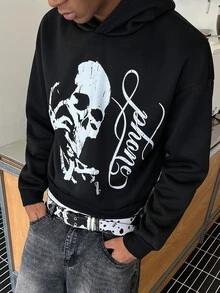 STEELVANCE 男士暗黑風骷髏圖案印花連帽衛衣 - 黑色 - 查看 5