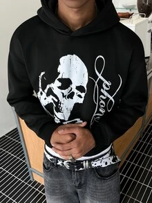 STEELVANCE 男士暗黑風骷髏圖案印花連帽衛衣 - 黑色 - 查看 2