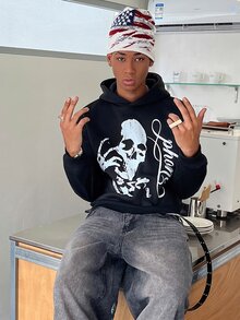 STEELVANCE 男士暗黑風骷髏圖案印花連帽衛衣 - 黑色 - 查看 3