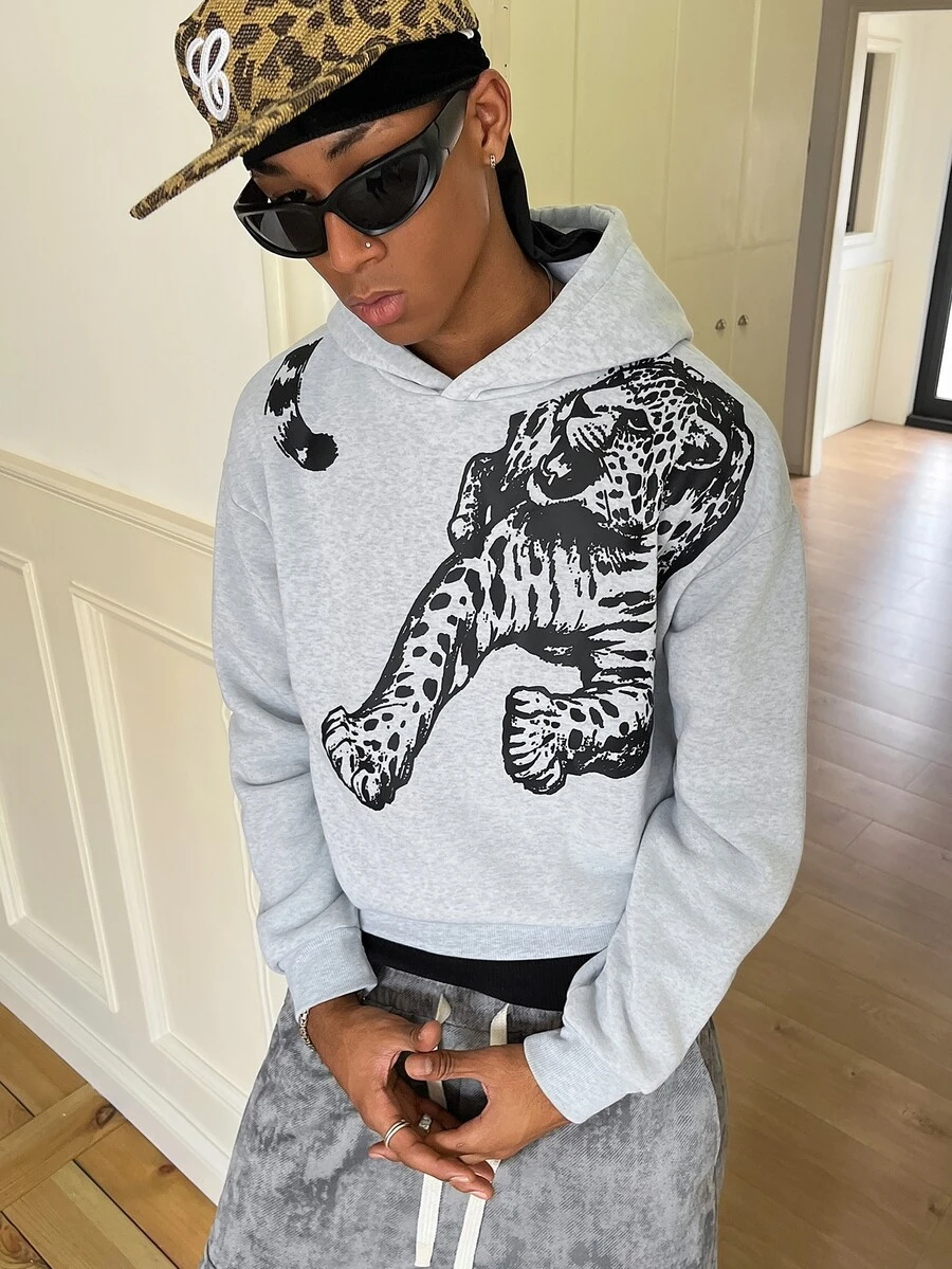 STEELVANCE Men's Casual Leopard Print Hoodie, Autumn/Winter - Grey - View 1