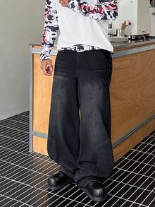 STEELVANCE 男士美式街頭風鈕扣口袋牛仔褲 - 黑色 - 查看 3