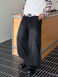 STEELVANCE 男士美式街頭風鈕扣口袋牛仔褲 - 黑色 - 查看 1