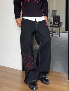 STEELVANCE 男士 Y2K 龐克紅色蜘蛛蛛網刺繡寬鬆牛仔褲 街頭滑板風黑色丹寧長褲 - 黑色 - 查看 3