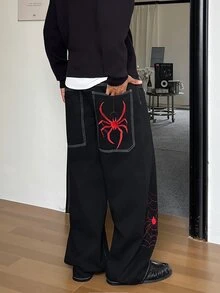STEELVANCE 男士 Y2K 龐克紅色蜘蛛蛛網刺繡寬鬆牛仔褲 街頭滑板風黑色丹寧長褲 - 黑色 - 查看 2