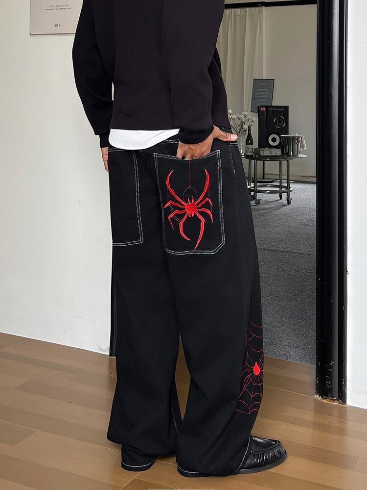 STEELVANCE Men Y2K Punk Red Spider Spiderweb Embroidery Baggy Jeans Street Skater Loose Black Denim Pants - Black - View 2
