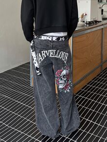 STEELVANCE 男士深灰色復古龐克骷髏玫瑰圖案字母印花寬腿牛仔褲 寬鬆丹寧長褲 街頭秋季褲 - 黑色 - 查看 6