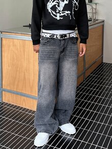 STEELVANCE 男士深灰色復古龐克骷髏玫瑰圖案字母印花寬腿牛仔褲 寬鬆丹寧長褲 街頭秋季褲 - 黑色 - 查看 4