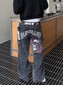STEELVANCE 男士深灰色復古龐克骷髏玫瑰圖案字母印花寬腿牛仔褲 寬鬆丹寧長褲 街頭秋季褲 - 黑色 - 查看 1