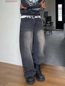 STEELVANCE 男士復古哥德天使印花寬鬆寬腿牛仔褲，黑色水洗丹寧長褲，滑板街頭風 - 黑色 - 查看 4
