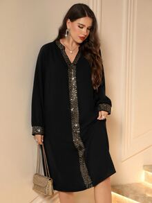 EMERY ROSE Women's Plus Size Elegant Party Dress With Contrast Neckline And Cuffs Fall - Black - View 9